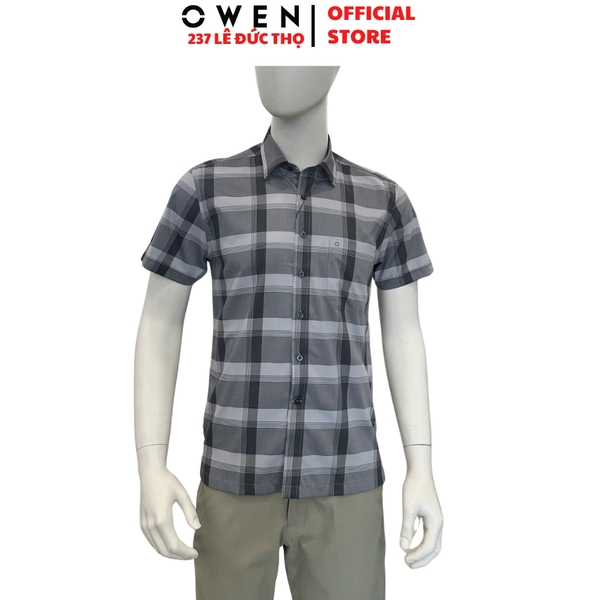 Áo sơ mi nam tay ngắn Owen AB260106NT màu xám đậm dáng suông body fit tà bằng có túi chất liệu bamboo