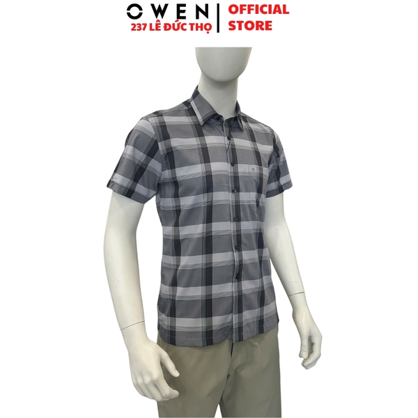 Áo sơ mi nam tay ngắn Owen AB260106NT màu xám đậm dáng suông body fit tà bằng có túi chất liệu bamboo