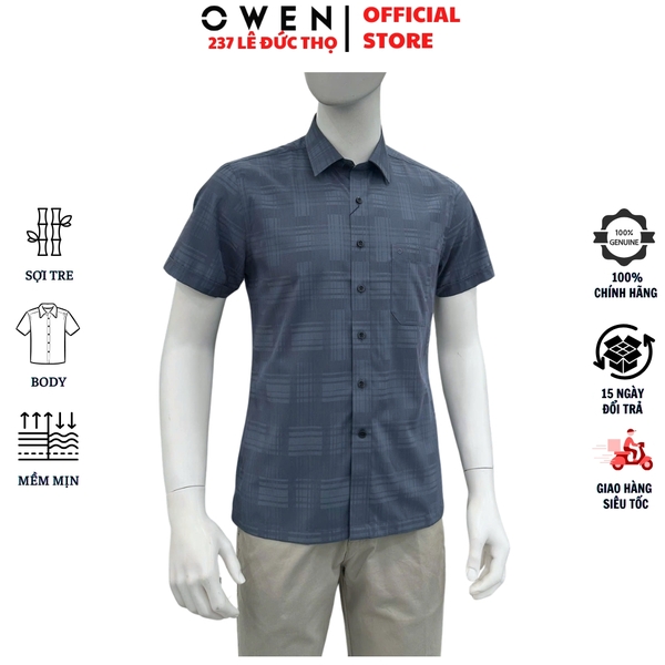 Áo sơ mi nam tay ngắn Owen AB260107NT màu xám đậm dáng suông body fit tà bằng có túi chất liệu Bamboo polyester
