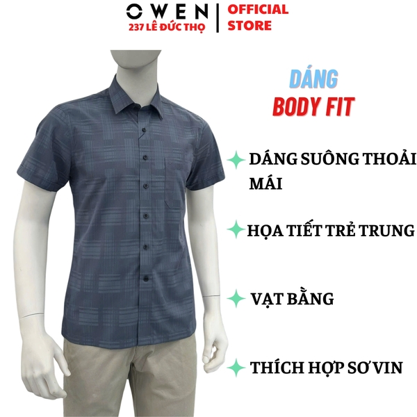 Áo sơ mi nam tay ngắn Owen AB260107NT màu xám đậm dáng suông body fit tà bằng có túi chất liệu Bamboo polyester
