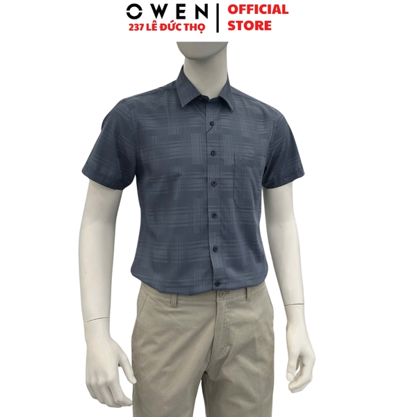 Áo sơ mi nam tay ngắn Owen AB260107NT màu xám đậm dáng suông body fit tà bằng có túi chất liệu Bamboo polyester