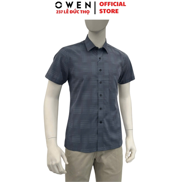 Áo sơ mi nam tay ngắn Owen AB260107NT màu xám đậm dáng suông body fit tà bằng có túi chất liệu Bamboo polyester
