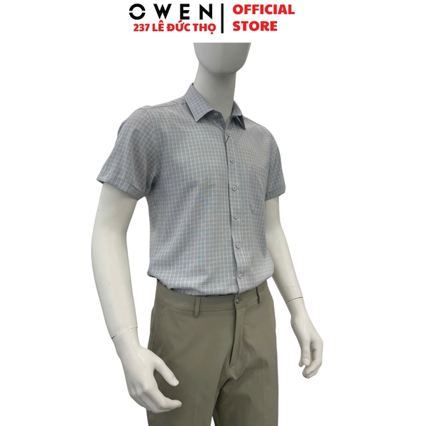 Áo sơ mi nam tay ngắn Owen AB260114NT màu xám kẻ dáng suông body fit tà bằng có túi chất liệu Nano