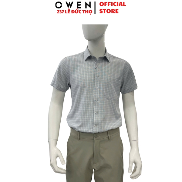 Áo sơ mi nam tay ngắn Owen AB260114NT màu xám kẻ dáng suông body fit tà bằng có túi chất liệu Nano