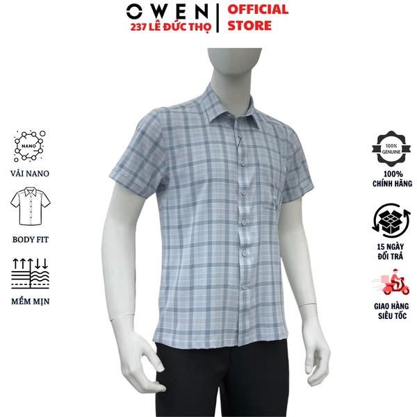 Áo sơ mi nam tay ngắn Owen AB260118NT màu xanh kẻ dáng suông body fit tà bằng có túi chất liệu nano