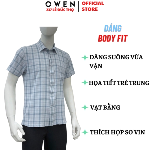 Áo sơ mi nam tay ngắn Owen AB260118NT màu xanh kẻ dáng suông body fit tà bằng có túi chất liệu nano