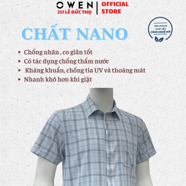 Áo sơ mi nam tay ngắn Owen AB260118NT màu xanh kẻ dáng suông body fit tà bằng có túi chất liệu nano