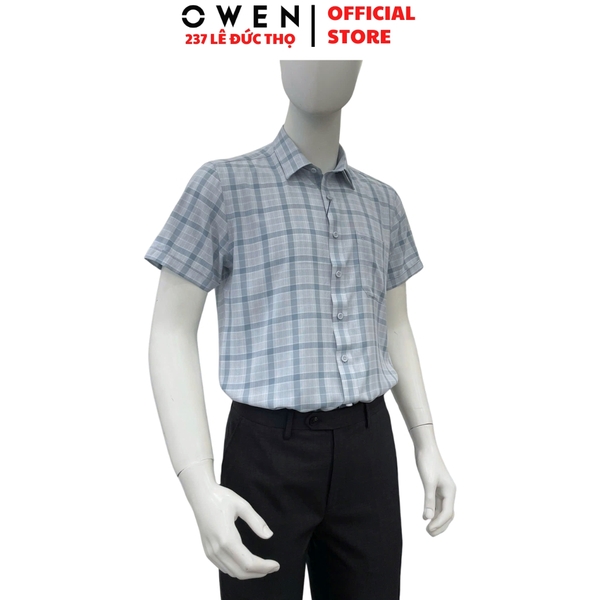 Áo sơ mi nam tay ngắn Owen AB260118NT màu xanh kẻ dáng suông body fit tà bằng có túi chất liệu nano