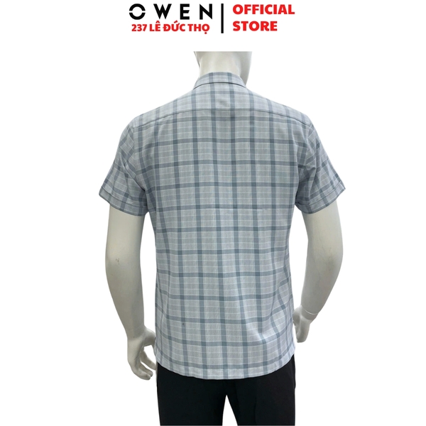 Áo sơ mi nam tay ngắn Owen AB260118NT màu xanh kẻ dáng suông body fit tà bằng có túi chất liệu nano