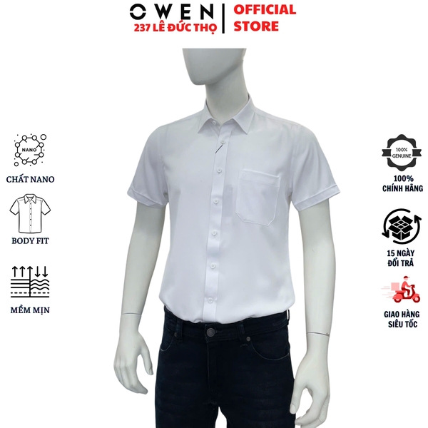 Áo sơ mi trắng nam tay ngắn Owen AB260513NTB màu trắng dáng suông body fit tà bằng có túi chất liệu nano