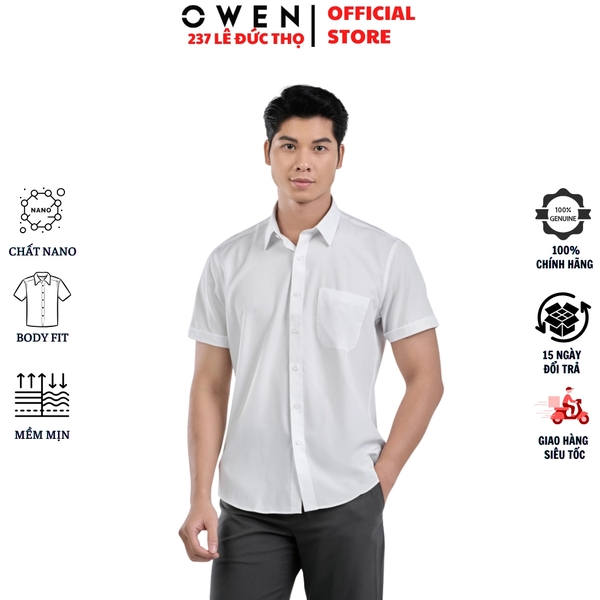 Áo sơ mi trắng nam tay ngắn Owen AR260502NTBF màu trắng trơn Dáng suông regular fit tà lượn có túi chất liệu nano