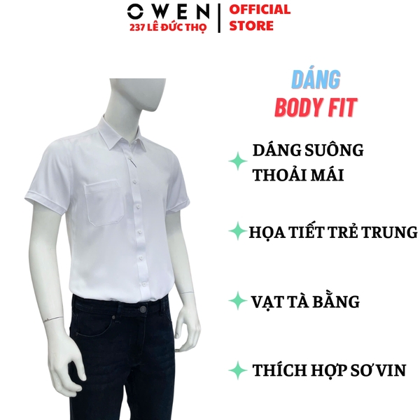 Áo sơ mi trắng nam tay ngắn Owen AB260513NTB màu trắng dáng suông body fit tà bằng có túi chất liệu nano