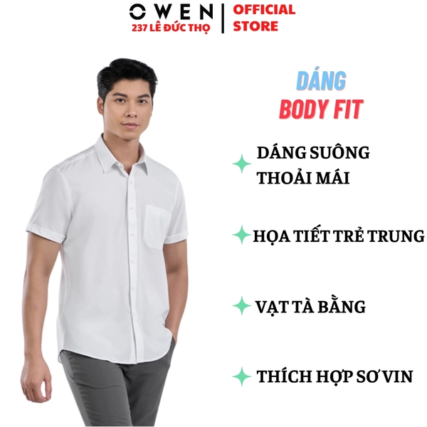 Áo sơ mi trắng nam tay ngắn Owen AR260502NTBF màu trắng trơn Dáng suông regular fit tà lượn có túi chất liệu nano