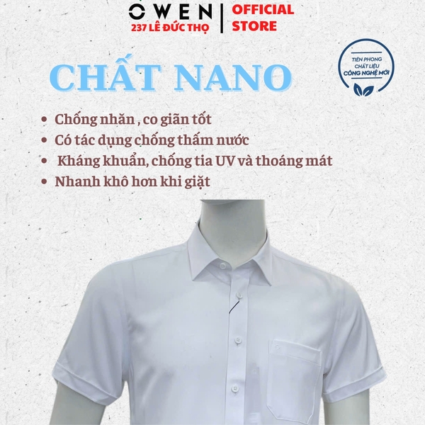 Áo sơ mi trắng nam tay ngắn Owen AB260513NTB màu trắng dáng suông body fit tà bằng có túi chất liệu nano