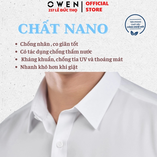 Áo sơ mi trắng nam tay ngắn Owen AR260502NTBF màu trắng trơn Dáng suông regular fit tà lượn có túi chất liệu nano