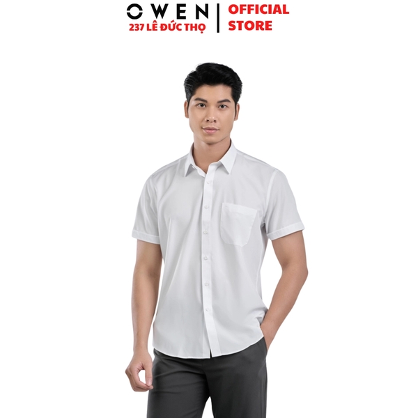Áo sơ mi trắng nam tay ngắn Owen AR260502NTBF màu trắng trơn Dáng suông regular fit tà lượn có túi chất liệu nano
