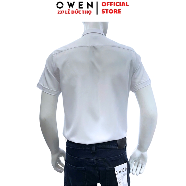 Áo sơ mi trắng nam tay ngắn Owen AB260503NTBF màu trắng trơn dáng suông body fit tà bằng có túi chất liệu nano