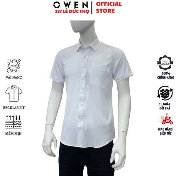 Áo sơ mi trắng nam tay ngắn Owen AB260513NTB màu trắng dáng suông body fit tà bằng có túi chất liệu nano