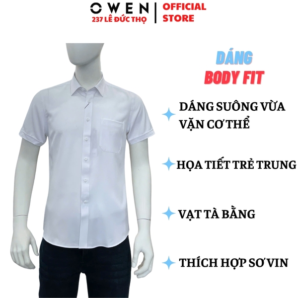 Áo sơ mi trắng nam tay ngắn Owen AB260513NTB màu trắng dáng suông body fit tà bằng có túi chất liệu nano