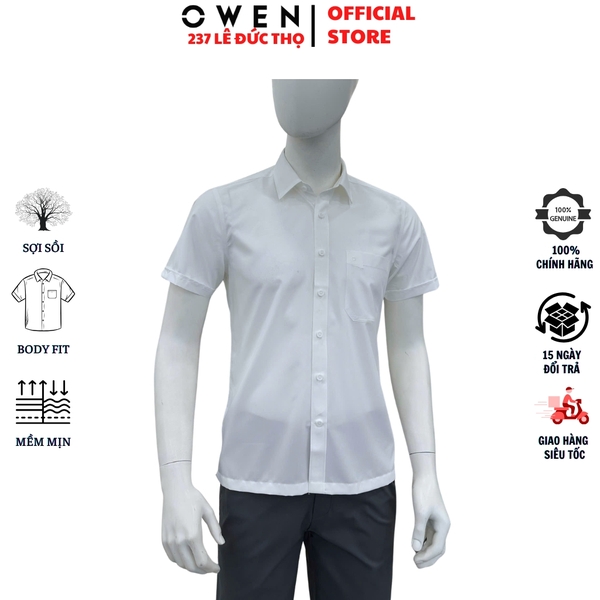 Áo sơ mi trắng nam tay ngắn Owen AB260523NTV màu trắng trơn dáng suông body fit tà bằng có túi chất liệu sợi sồi