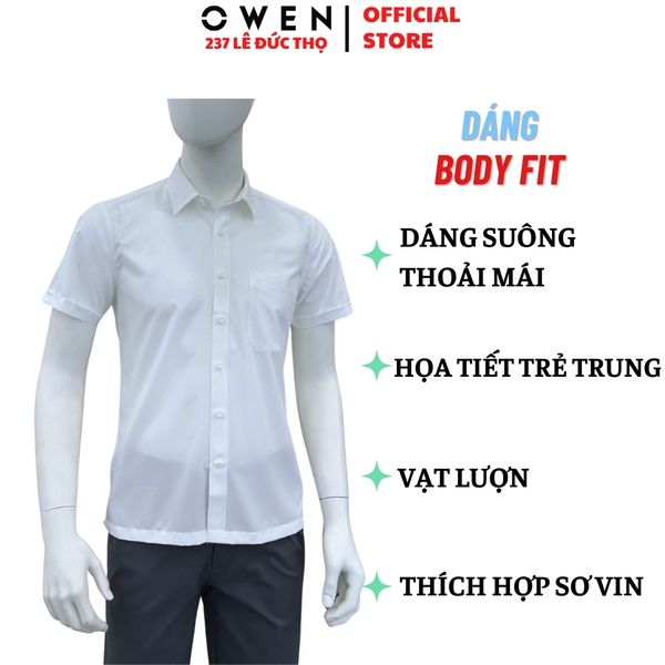 Áo sơ mi trắng nam tay ngắn Owen AB260523NTV màu trắng trơn dáng suông body fit tà bằng có túi chất liệu sợi sồi