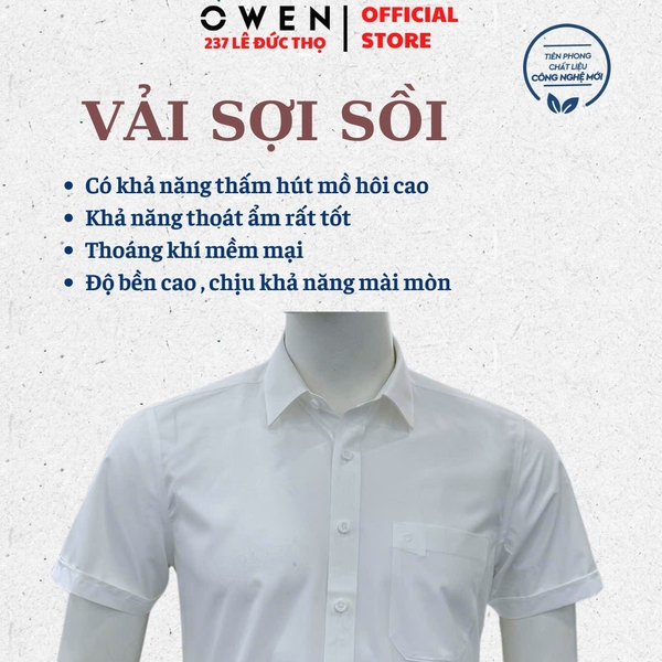 Áo sơ mi trắng nam tay ngắn Owen AB260523NTV màu trắng trơn dáng suông body fit tà bằng có túi chất liệu sợi sồi