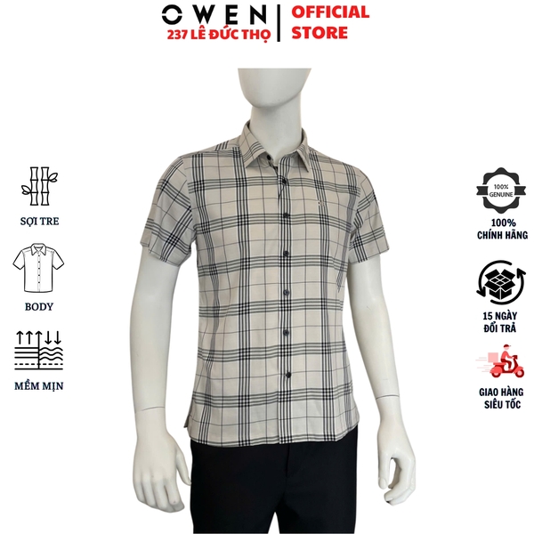 Áo sơ mi nam tay ngắn Owen AB261037N màu xám kẻ dáng suông body fit tà bằng không túi chất liệu Bamboo polyester