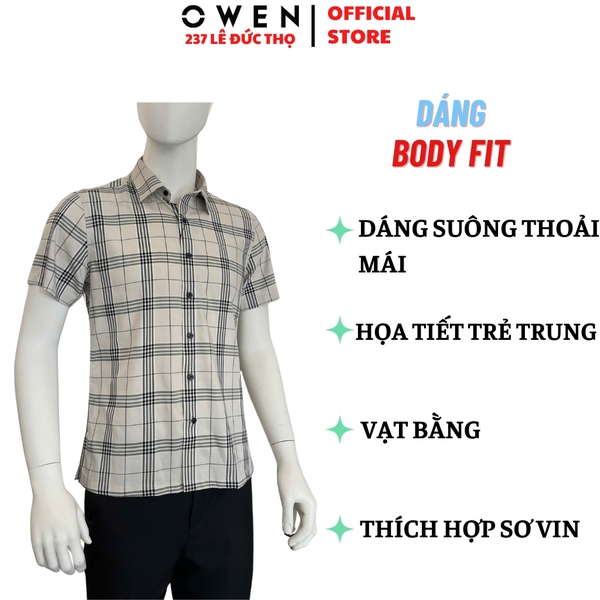 Áo sơ mi nam tay ngắn Owen AB261037N màu xám kẻ dáng suông body fit tà bằng không túi chất liệu Bamboo polyester