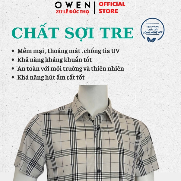 Áo sơ mi nam tay ngắn Owen AB261037N màu xám kẻ dáng suông body fit tà bằng không túi chất liệu Bamboo polyester