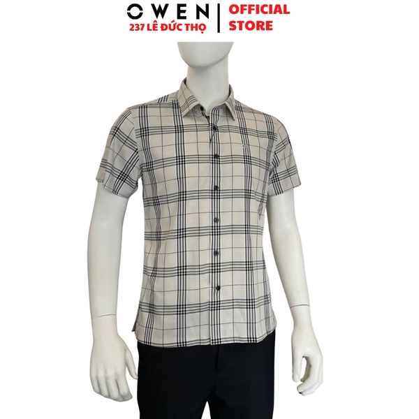 Áo sơ mi nam tay ngắn Owen AB261037N màu xám kẻ dáng suông body fit tà bằng không túi chất liệu Bamboo polyester