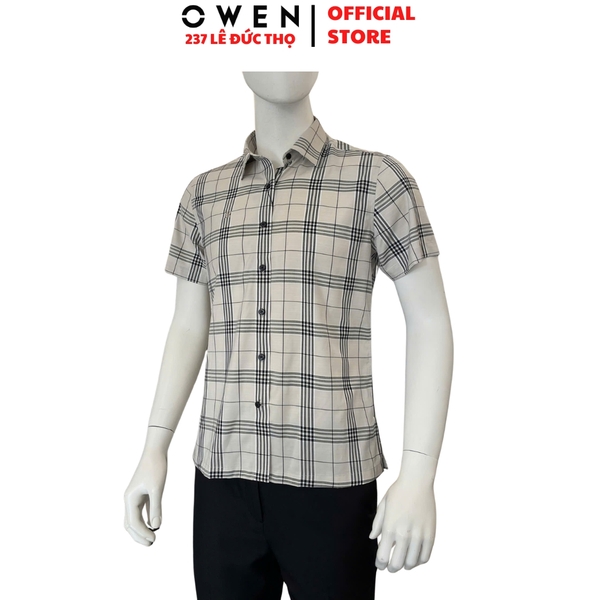 Áo sơ mi nam tay ngắn Owen AB261037N màu xám kẻ dáng suông body fit tà bằng không túi chất liệu Bamboo polyester