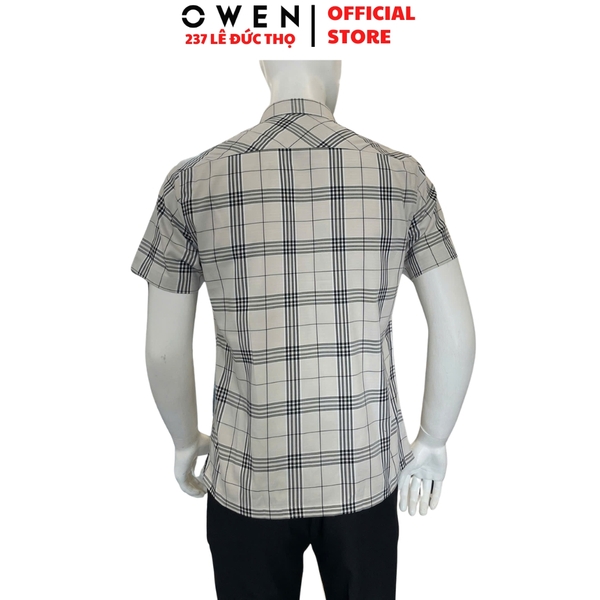 Áo sơ mi nam tay ngắn Owen AB261037N màu xám kẻ dáng suông body fit tà bằng không túi chất liệu Bamboo polyester