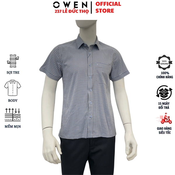 Áo sơ mi nam tay ngắn Owen AB261042NT màu xanh dáng body fit tà bằng xẻ tà chất liệu Bamboo polyester