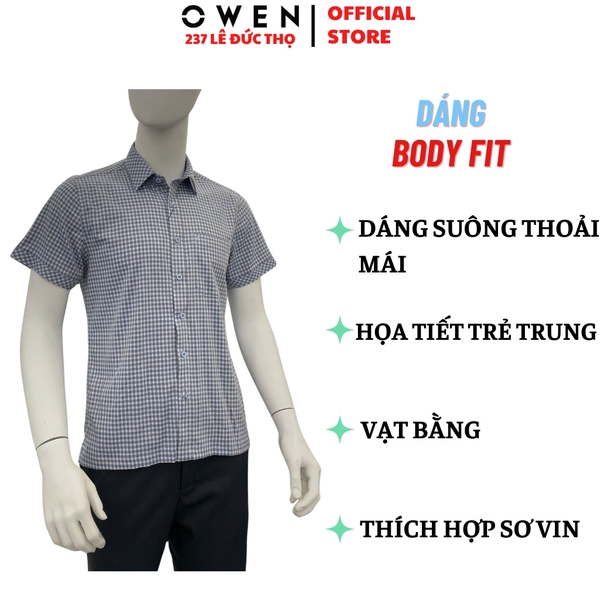 Áo sơ mi nam tay ngắn Owen AB261042NT màu xanh dáng body fit tà bằng xẻ tà chất liệu Bamboo polyester