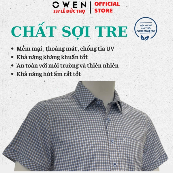 Áo sơ mi nam tay ngắn Owen AB261042NT màu xanh dáng body fit tà bằng xẻ tà chất liệu Bamboo polyester