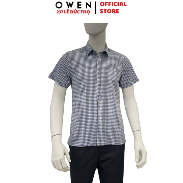 Áo sơ mi nam tay ngắn Owen AB261042NT màu xanh dáng body fit tà bằng xẻ tà chất liệu Bamboo polyester