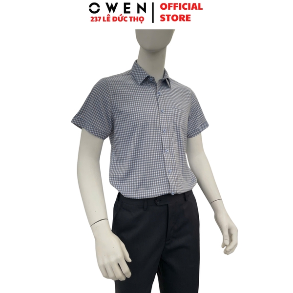 Áo sơ mi nam tay ngắn Owen AB261042NT màu xanh dáng body fit tà bằng xẻ tà chất liệu Bamboo polyester