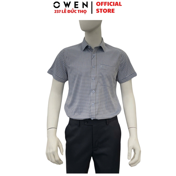 Áo sơ mi nam tay ngắn Owen AB261042NT màu xanh dáng body fit tà bằng xẻ tà chất liệu Bamboo polyester
