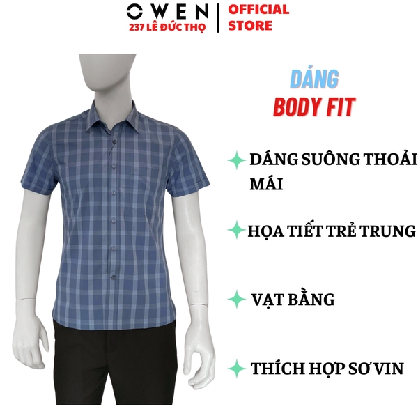 Áo sơ mi nam tay ngắn Owen AB261046NT màu xanh đậm kẻ dáng suông body fit tà bằng có túi chất liệu Bamboo polyester