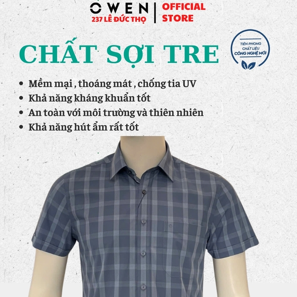 Áo sơ mi nam tay ngắn Owen AB261046NT màu xanh đậm kẻ dáng suông body fit tà bằng có túi chất liệu Bamboo polyester