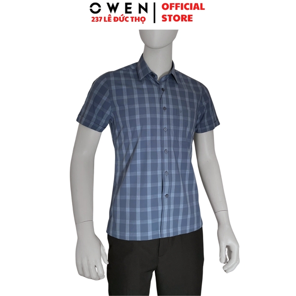 Áo sơ mi nam tay ngắn Owen AB261046NT màu xanh đậm kẻ dáng suông body fit tà bằng có túi chất liệu Bamboo polyester