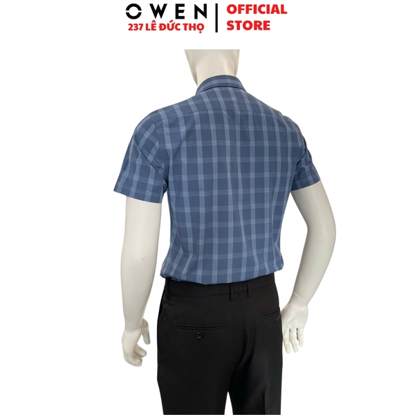 Áo sơ mi nam tay ngắn Owen AB261046NT màu xanh đậm kẻ dáng suông body fit tà bằng có túi chất liệu Bamboo polyester