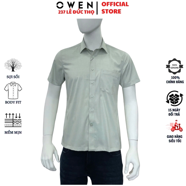 Áo sơ mi nam tay ngắn Owen AB261053NT màu xanh lá dáng suông body fit tà bằng có túi chất liệu modal polyester