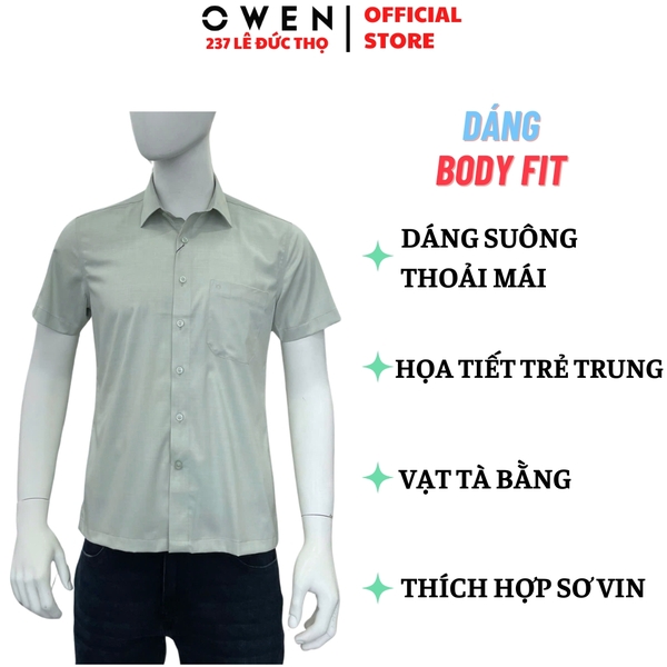 Áo sơ mi nam tay ngắn Owen AB261053NT màu xanh lá dáng suông body fit tà bằng có túi chất liệu modal polyester