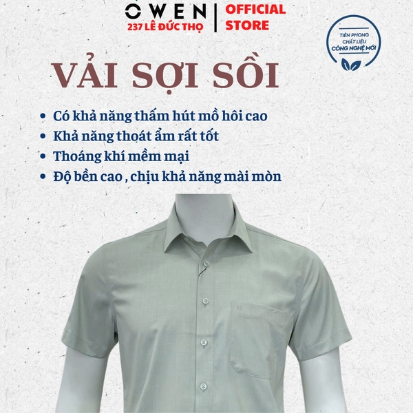 Áo sơ mi nam tay ngắn Owen AB261053NT màu xanh lá dáng suông body fit tà bằng có túi chất liệu modal polyester