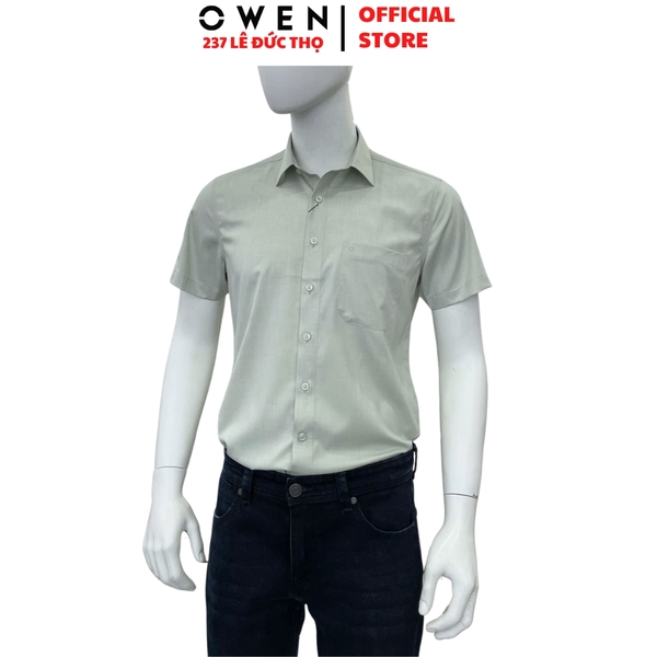 Áo sơ mi nam tay ngắn Owen AB261053NT màu xanh lá dáng suông body fit tà bằng có túi chất liệu modal polyester