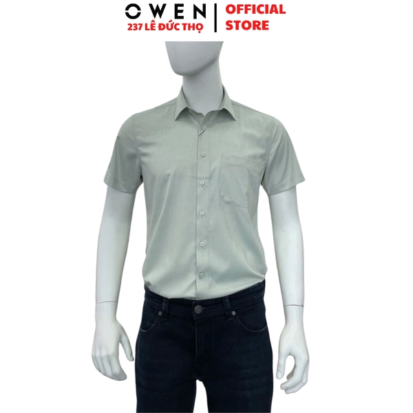 Áo sơ mi nam tay ngắn Owen AB261053NT màu xanh lá dáng suông body fit tà bằng có túi chất liệu modal polyester