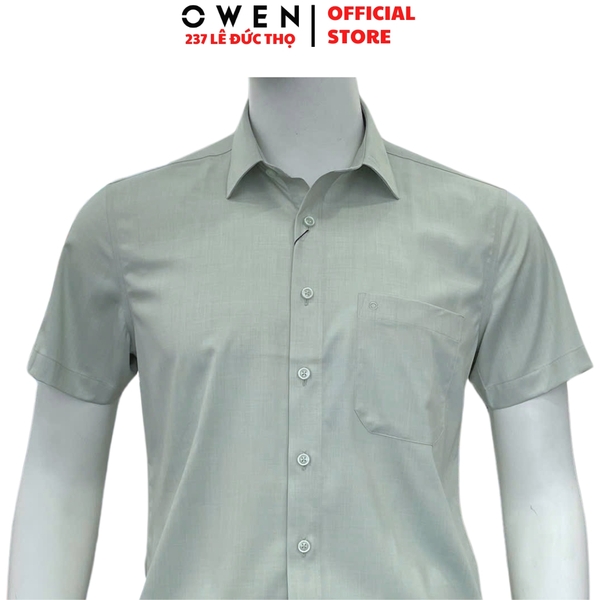 Áo sơ mi nam tay ngắn Owen AB261053NT màu xanh lá dáng suông body fit tà bằng có túi chất liệu modal polyester
