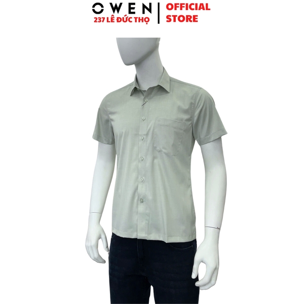 Áo sơ mi nam tay ngắn Owen AB261053NT màu xanh lá dáng suông body fit tà bằng có túi chất liệu modal polyester