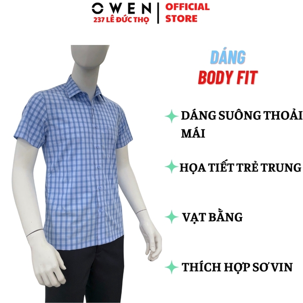 Áo sơ mi nam tay ngắn Owen AB263016NT màu xanh dáng body fit tà bằng xẻ tà chất liệu Bamboo polyester